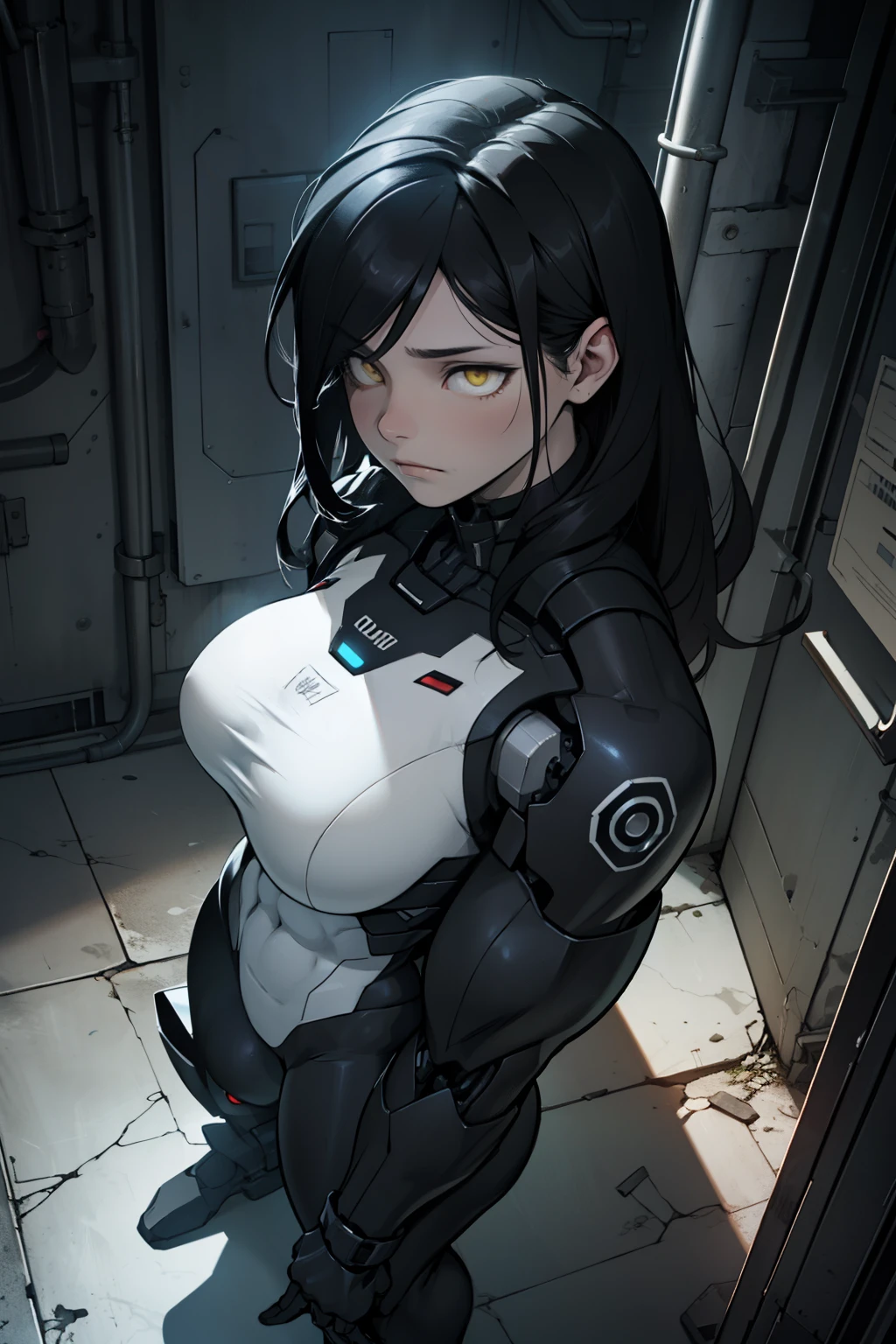 mechanical suit dark atmosphere black hair yellow eyes pale skin muscular girl massive breasts solo muscular body expressionless sad empty eyes cinematic lighting gloomy somber from above