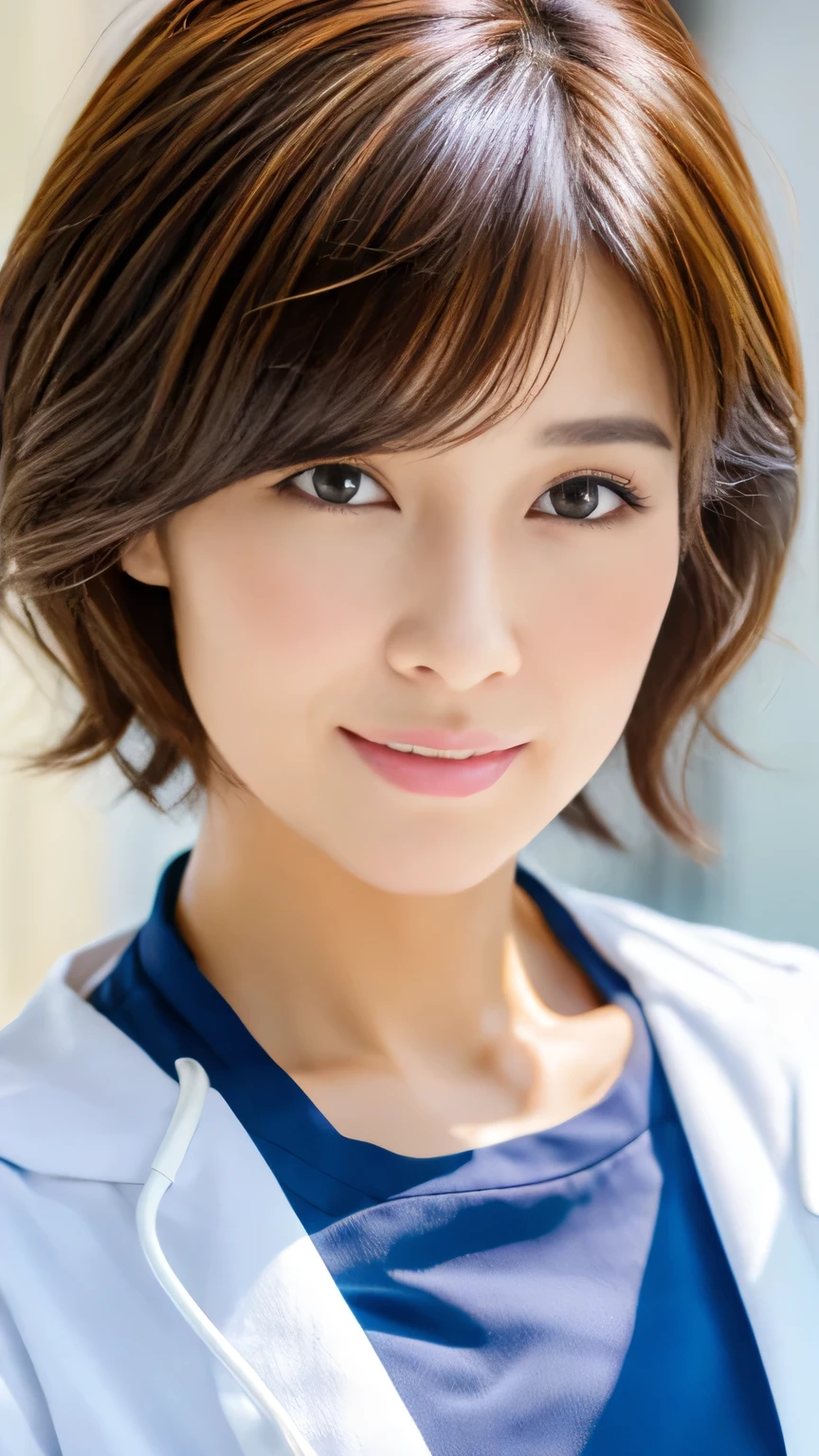 ((Highest quality)), ((masterpiece)), (detailed),Perfect Face,Japanese,Female doctor,white,40 year old bust shot,Pixie Cut Hair,Light brown hair,