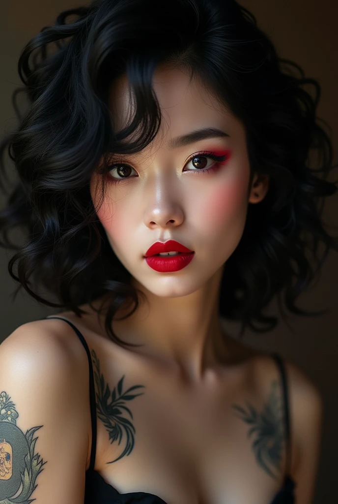 Japanese woman with black curly hair, big lips, red lipstick and tattoo on her arms