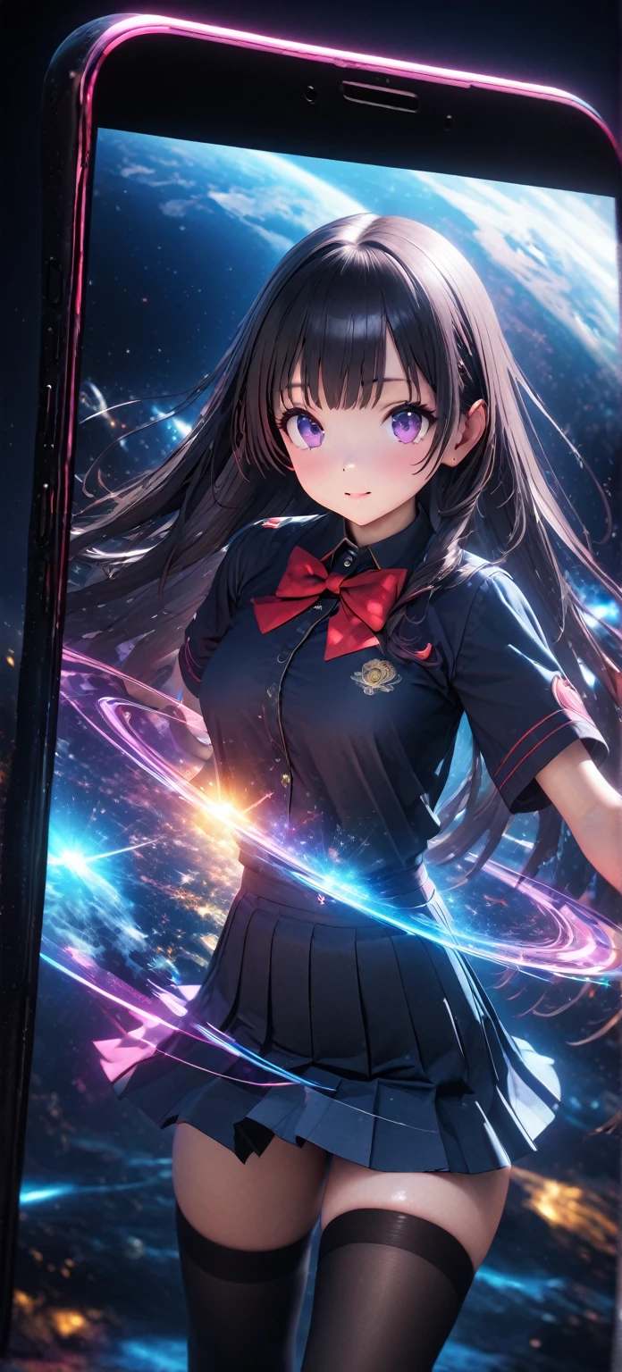 masterpiece, Highest quality, Ultra-high resolution,rich contrast,super high quality,8k,Highly detailed CG unit wallpaper,Ultra-high resolution,RAW Photos, Depth of Field 1.2,(((smartphone screen))),smartphone screenの世界は少女が写っている,Beautiful girl wearing uniform and pleated skirt,Kotonoha Katsura, purple eyes, black hair, long hair,black thighhighs, bow, red bow, school uniform, skirt, thighhighs, zettai ryouiki,Kotonoha Katsura,holographic,holographic earth,holography, Neon color, 3d, Light, sf, Digital art, scientific, Digital Space, 超詳細のLight,colorful,Magical Effects,