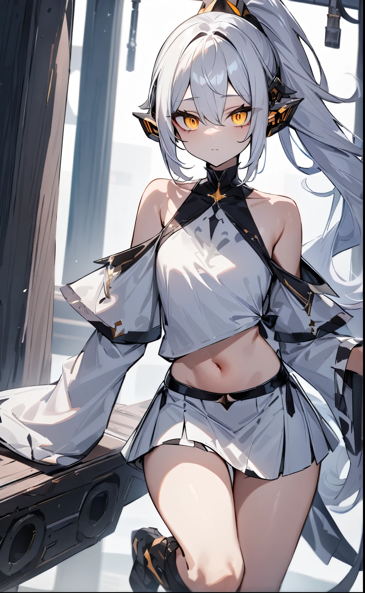(masterpiece),(best quality), (uitra detailed),One Woman,(white hair color),oversized ponytail:1.2,(yellow eye hollow eyes):1.1,Medium chest:1.2,midriff peek:1.3,White clothes with bare shoulders:1.2,mini skirt:1.2,Mechanical Ear:1.2,expressionless:1.2,Bloody appearance:1.2