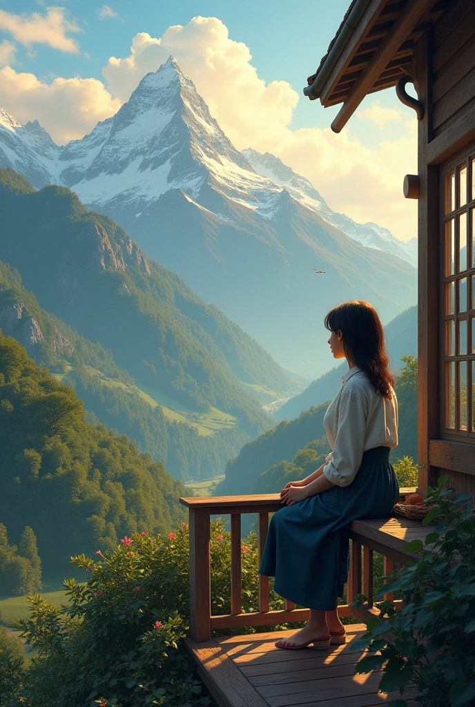 A lonely lady sitting in late evening, viewing the beautiful scenario of mountains and greenery nature's beauty and cute creatures from the balcony 