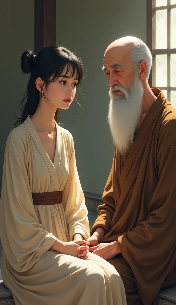 
A serene and simple monastery setting with soft natural lighting. The scene shows a young woman, dressed in modest, flowing clothing, sitting across from a wise-looking monk. The woman has a worried expression, with her hands clasped tightly in her lap, while the monk appears calm and gentle.
The Young Clothes are simple, flowing dress in pastel colors, perhaps light blue or beige. Her Expression are Concerned, eyes downcast, a slight frown on her face.
The Monk's Face is Calm and serene, with a gentle smile. His Clothes are Traditional monk robes in earthy tones, like brown.