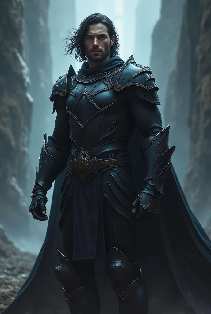 a Paladin wearing black armor, muscular male figure standing alone, dramatic lighting, black medium hair, With dark power around you, highly detailed, cinematic, epic, D&D, concept art style