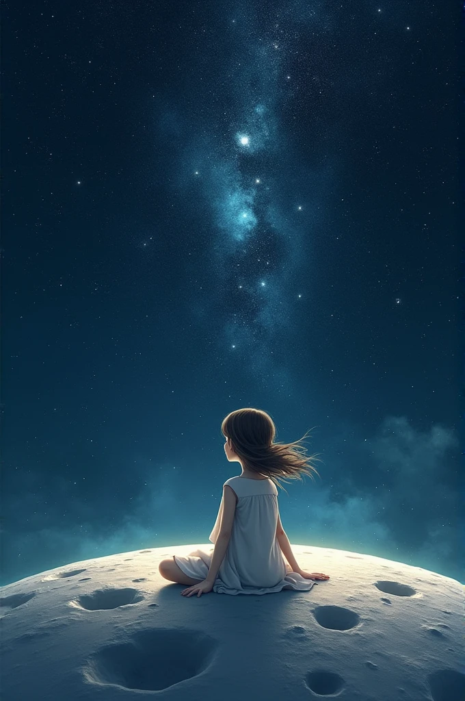 A girl is sitting on the moon in the sky, the space is full of bright and beautiful stars