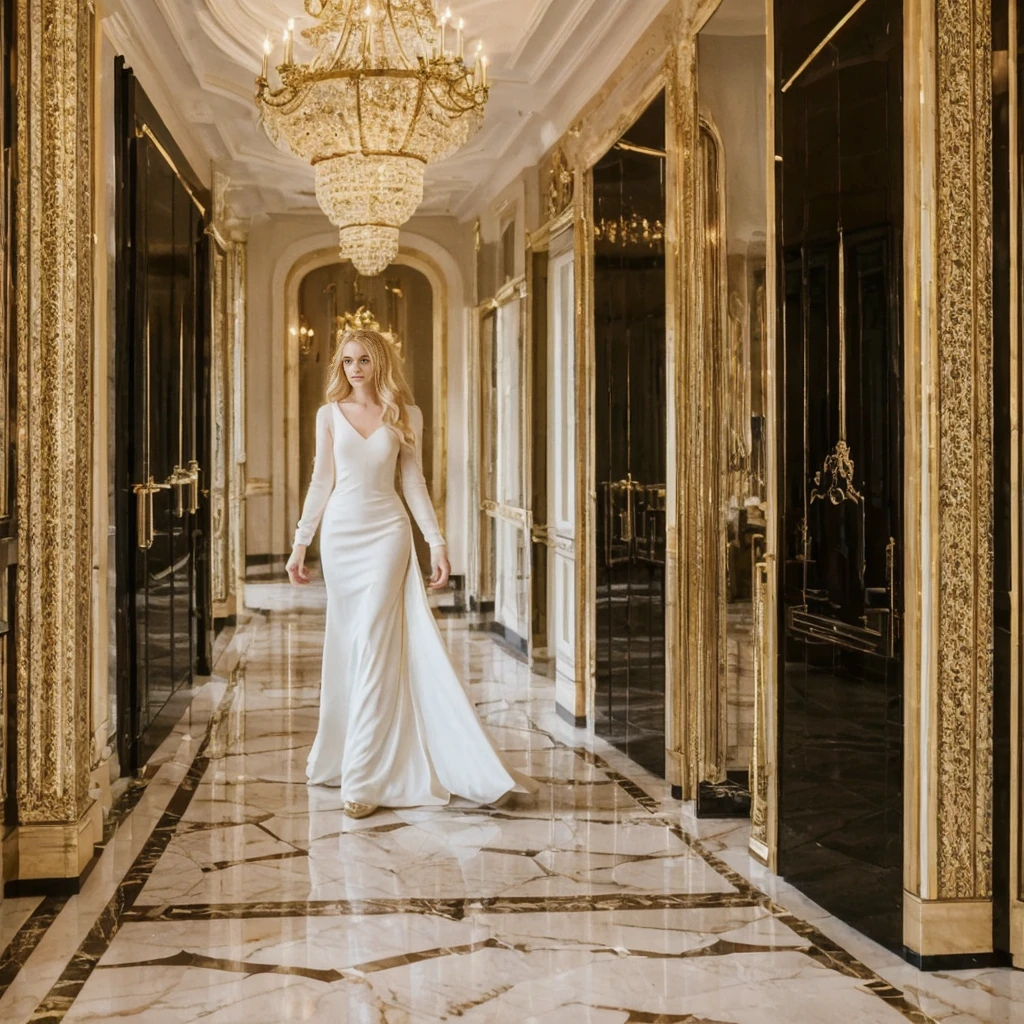 "A stunning, tall woman with long, flowing blonde hair, wearing elegant, black elegant dress that glimmers subtly in the light.  She is entering an opulent, high-end restaurant with a grand, warmly lit entrance. The scene is from behind, capturing the elegance of her movement as she approaches the large, ornate doors. The restaurant's modern and luxurious details, like white and gold accents, marble floors, and chandeliers, add to the ambiance, creating a sophisticated and glamorous atmosphere.  super real photo, like regular person