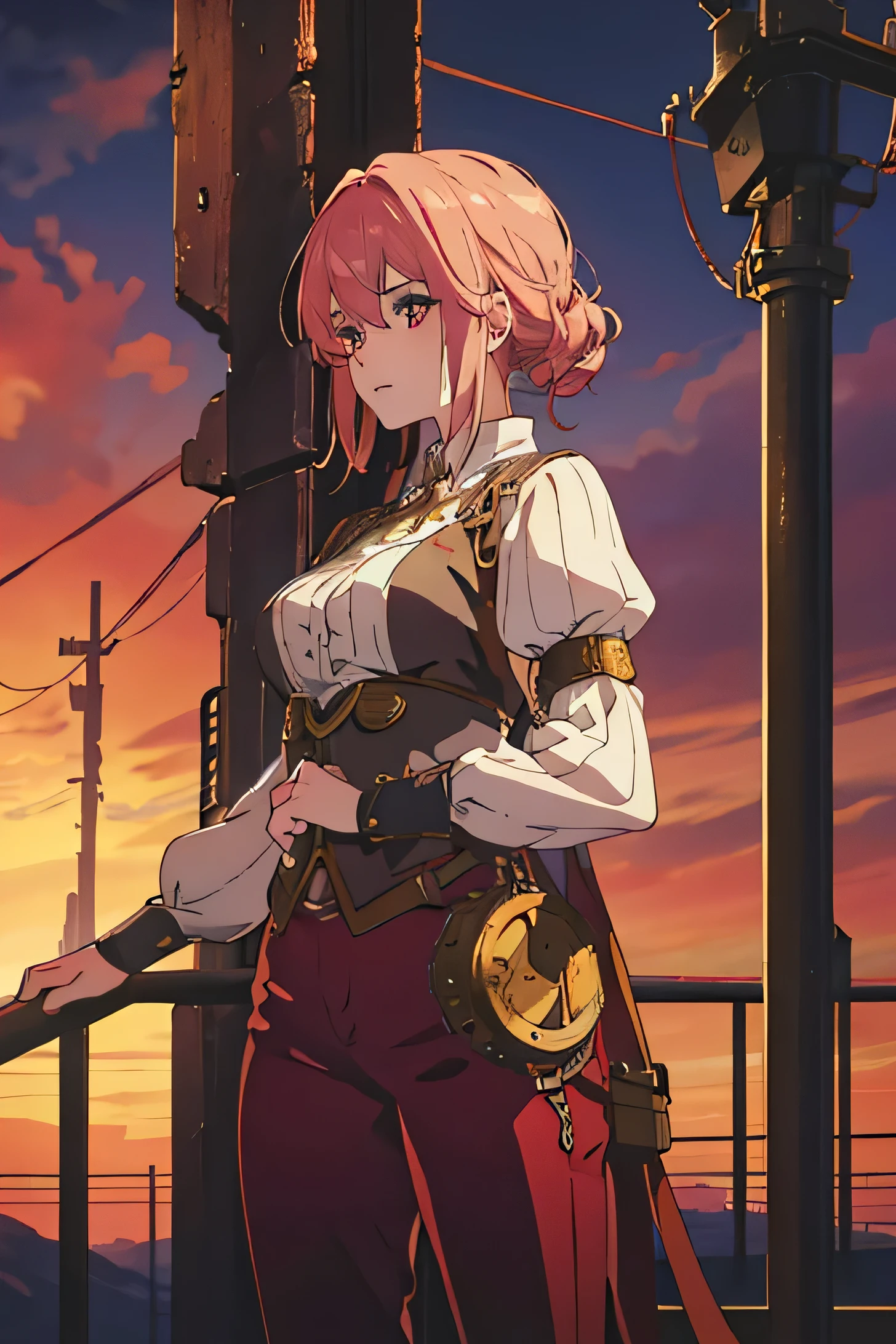 The girl holds onto the net looking into the distance. Rose gold hair. Scarlet eyes. Fantasy Clothing. trousers. steampunk.