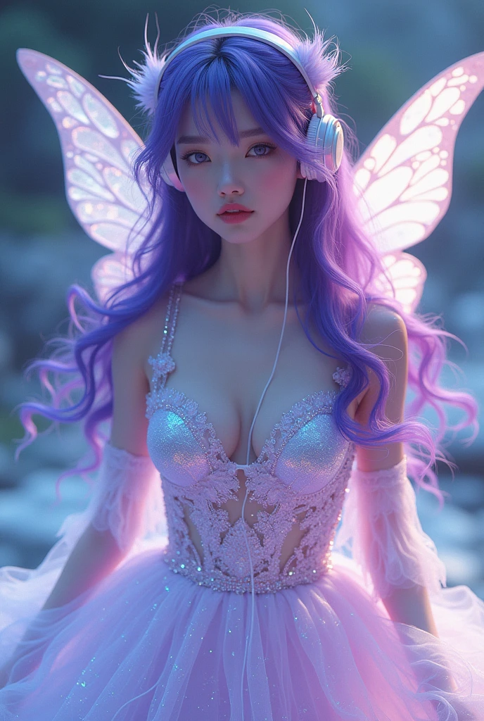 Korean purple hair butterfly woman with headphone and shiny shiny dress perfect full body