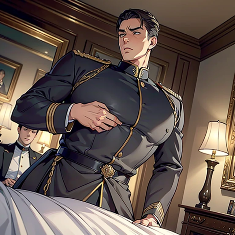 ((A handsome male general stands in a luxurious, dimly lit room. He is dressed in a military uniform that accentuates his muscular build and confidence. The uniform jacket is unbuttoned, revealing a huge manly breast which are being grabbed by a stranger)), NSFW, porn, hentai, ((His expression is intense and commanding:0.2)), The soft glow of candlelight highlights the sharp contours of his face and the details of his uniform - creating a sensual and romantic atmosphere,  (The room is decorated with rich, velvet drapes and antique furniture, adding an air of mystery and allure), ((man with huge squishy manly breasts)), ((someone is massaging his huge breasts:0.2)), ((his uniform is so tight it cant hold his huge breasts back)), ((the general drank an aphrodisiac and now feels horny)),  ((sexual assault)), ((someone aggressively grabs the general’s huge breasts:0.3)), ((oiled up)),