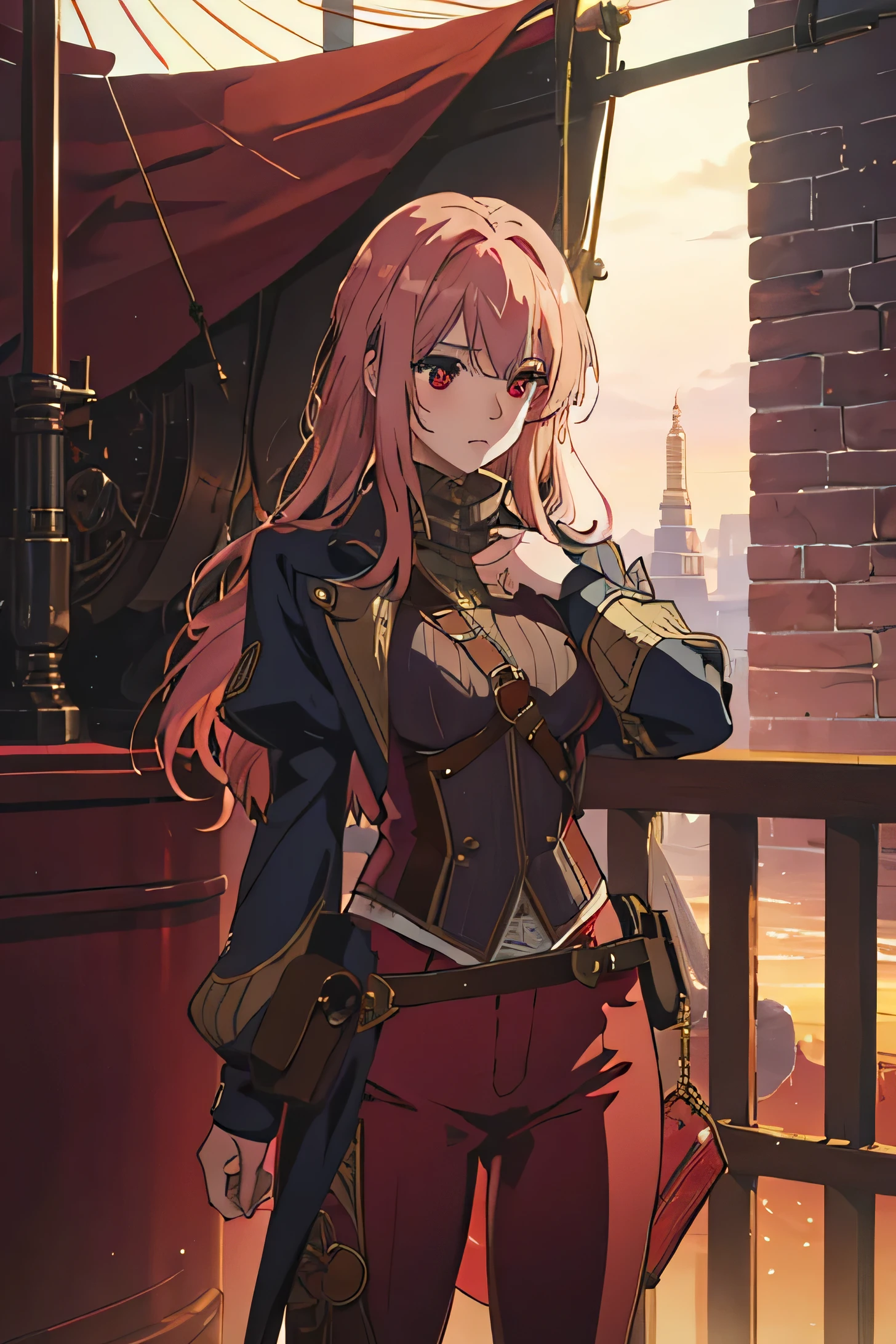 The girl holds onto the net looking into the distance. Rose gold hair. Scarlet eyes. Fantasy Clothing. trousers. steampunk.