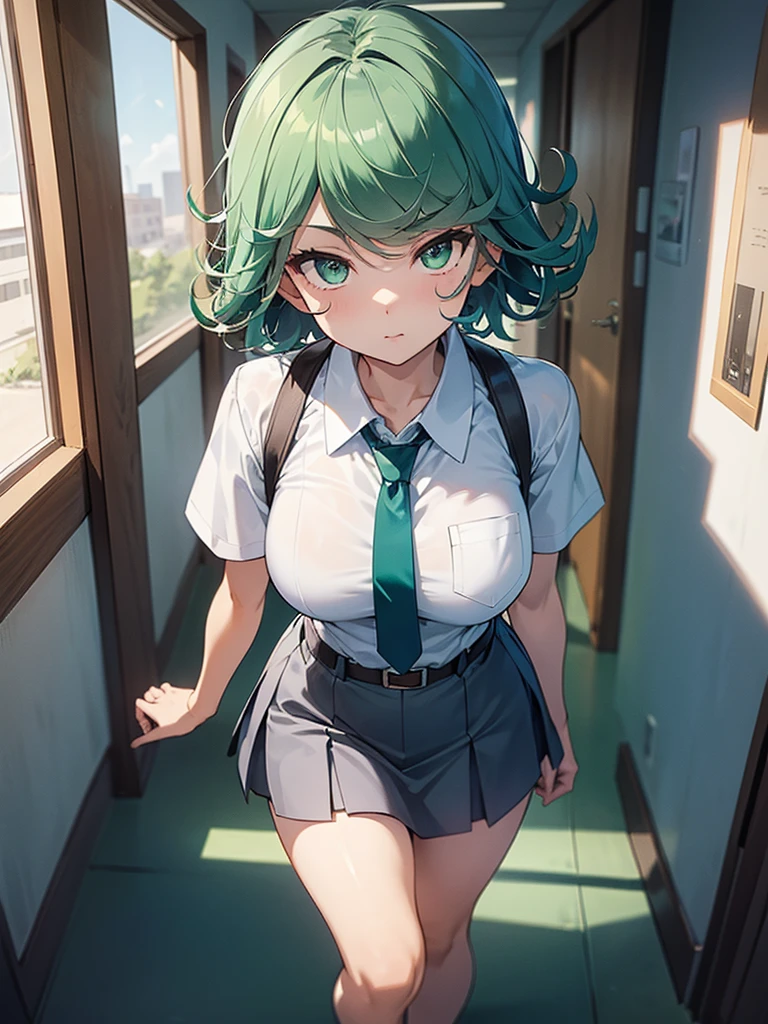 (high res, 8K, masterpiece, looking at viewer, best quality, very aesthetic, ultra detailed, ultra background, ultra Eyes) intricate details, 1girl, Tatsumaki, short sleeved white shirt, Light Blue Gray short skirt, Pockets on the left chest, light Blue Gray tie, Wearing a belt, green short hair, green eyes, Normal Face, Background School Hallway, Cinematic Angle