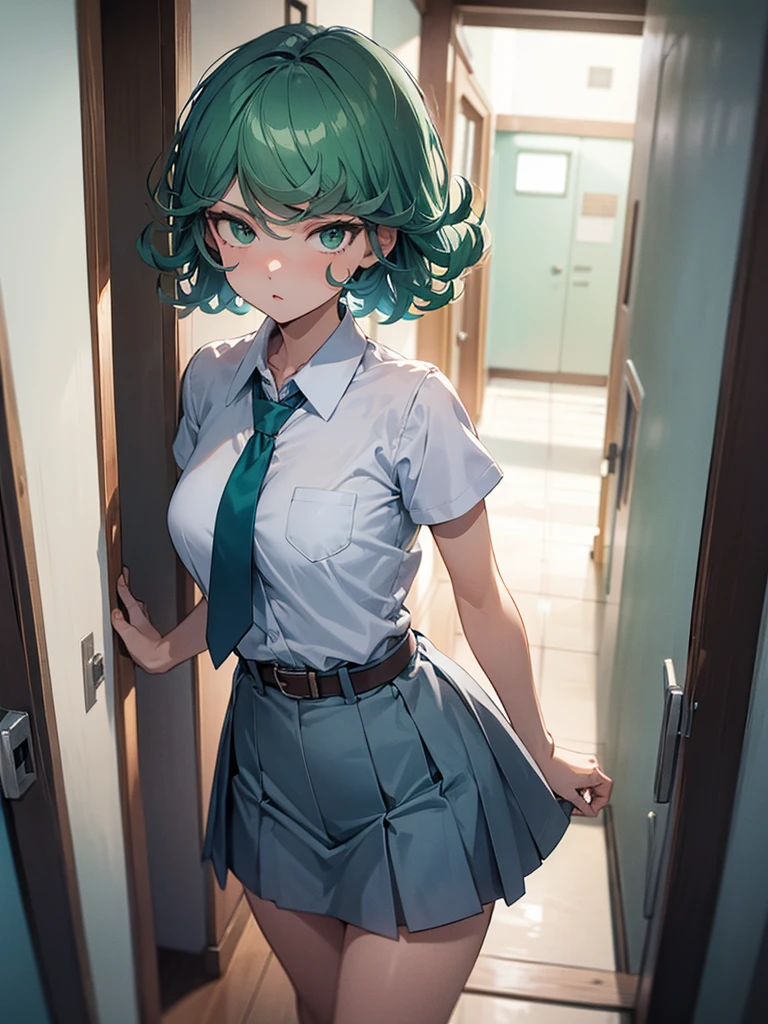 (high res, 8K, masterpiece, looking at viewer, best quality, very aesthetic, ultra detailed, ultra background, ultra Eyes) intricate details, 1girl, Tatsumaki, short sleeved white shirt, Light Blue Gray short skirt, Pockets on the left chest, light Blue Gray tie, Wearing a belt, green short hair, green eyes, Normal Face, Background School Hallway, Cinematic Angle