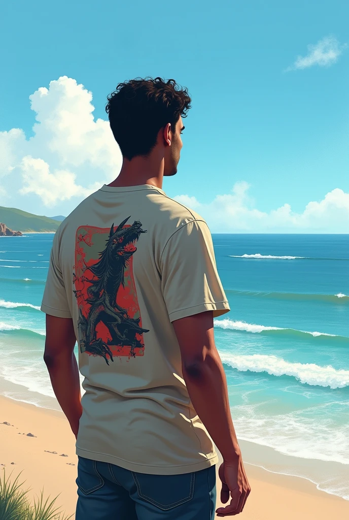 Carlos my friend looking at the beach from behind with a really cool t-shirt killing himself