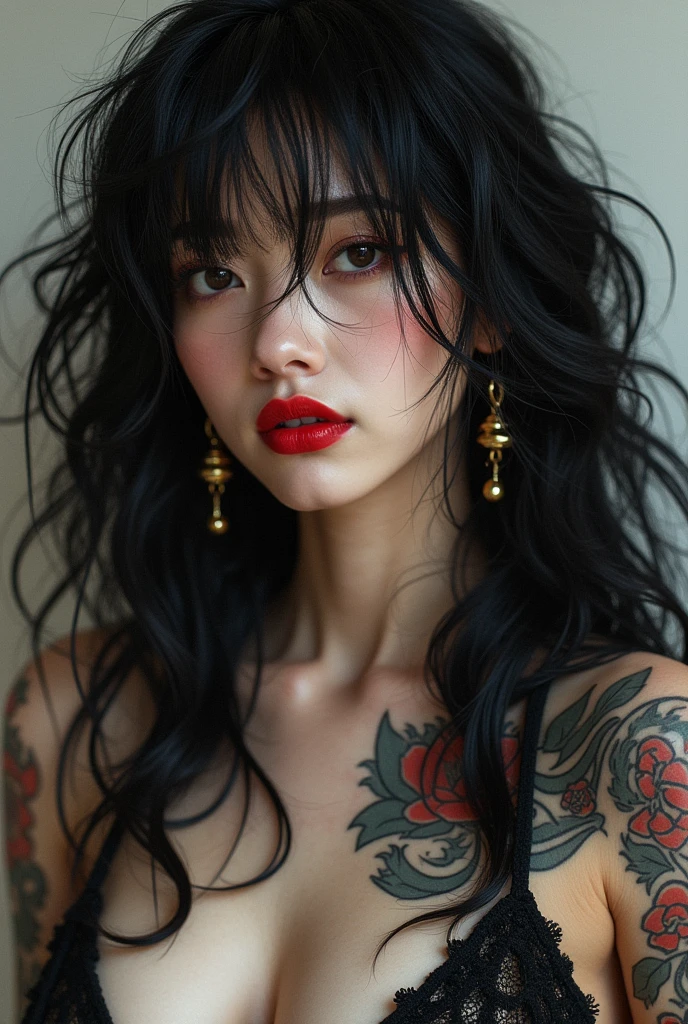Japanese woman with long curly black hair, big lips, red lipstick and tattoos on her arms 