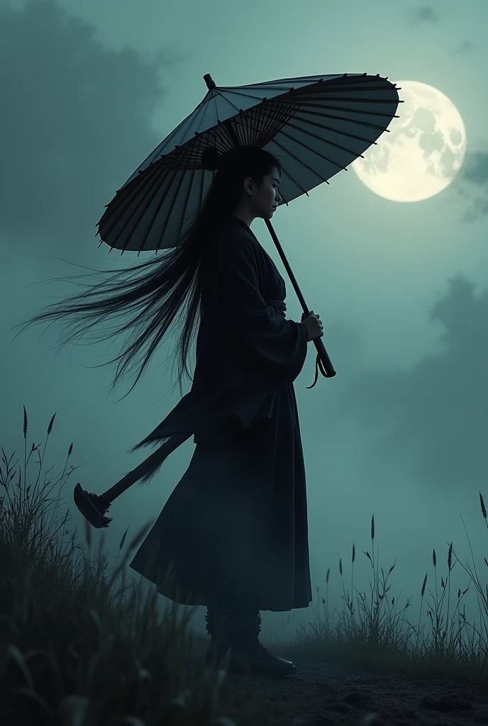 Samurai girl holding a big umbrella,There&#39;There are many black shadows behind him,long hair,FOG,Wind,night,noon,bamboo,Grass on the ground,Mud on the ground,film grain,,Japanese traditional art,Eastern,hatchet,ghost of tsushima,handmade,新藝術Wind格,detailed, Sexy, nsfw detailed beauty face, full-body shot