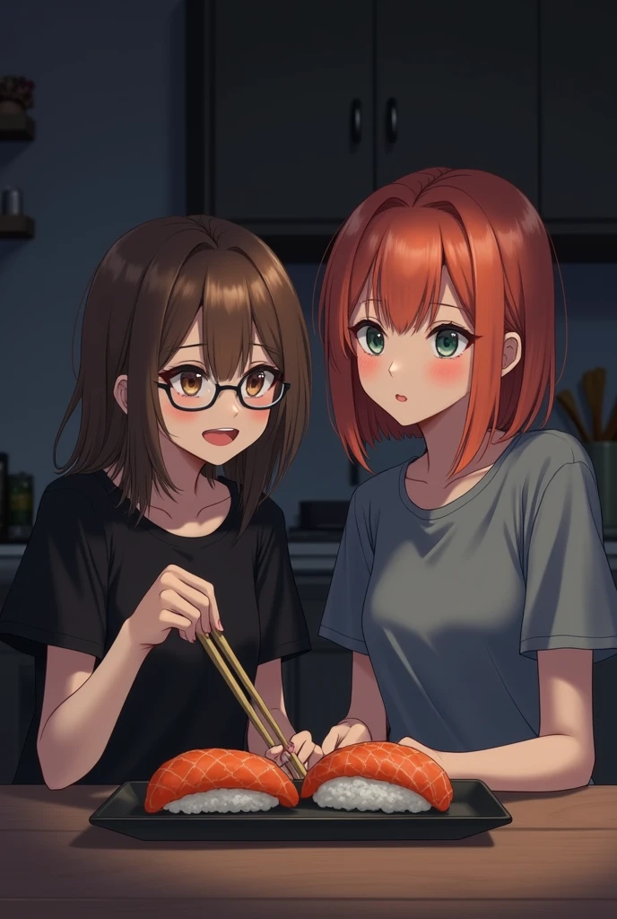 2 girl, friends, emo/scene atrstyle. The first girl with brown hair slightly longer than shoulder length, a little messy and not straggly, the main length lies on the shoulders and a slanting fringe covering the left eye, gray-blue eyes and a black T-shirt, with round glasses, a little shorter, more cheerful. The second girl is reddish-orange hair slightly longer than shoulder length, about the same hairstyle as the first girl only more neat and slightly round, quite lush hair and with curtain bangs, dark green eyes, gray-blue T-shirt, slightly taller, more calm.
girls sitting in a dark kitchen eating sushi