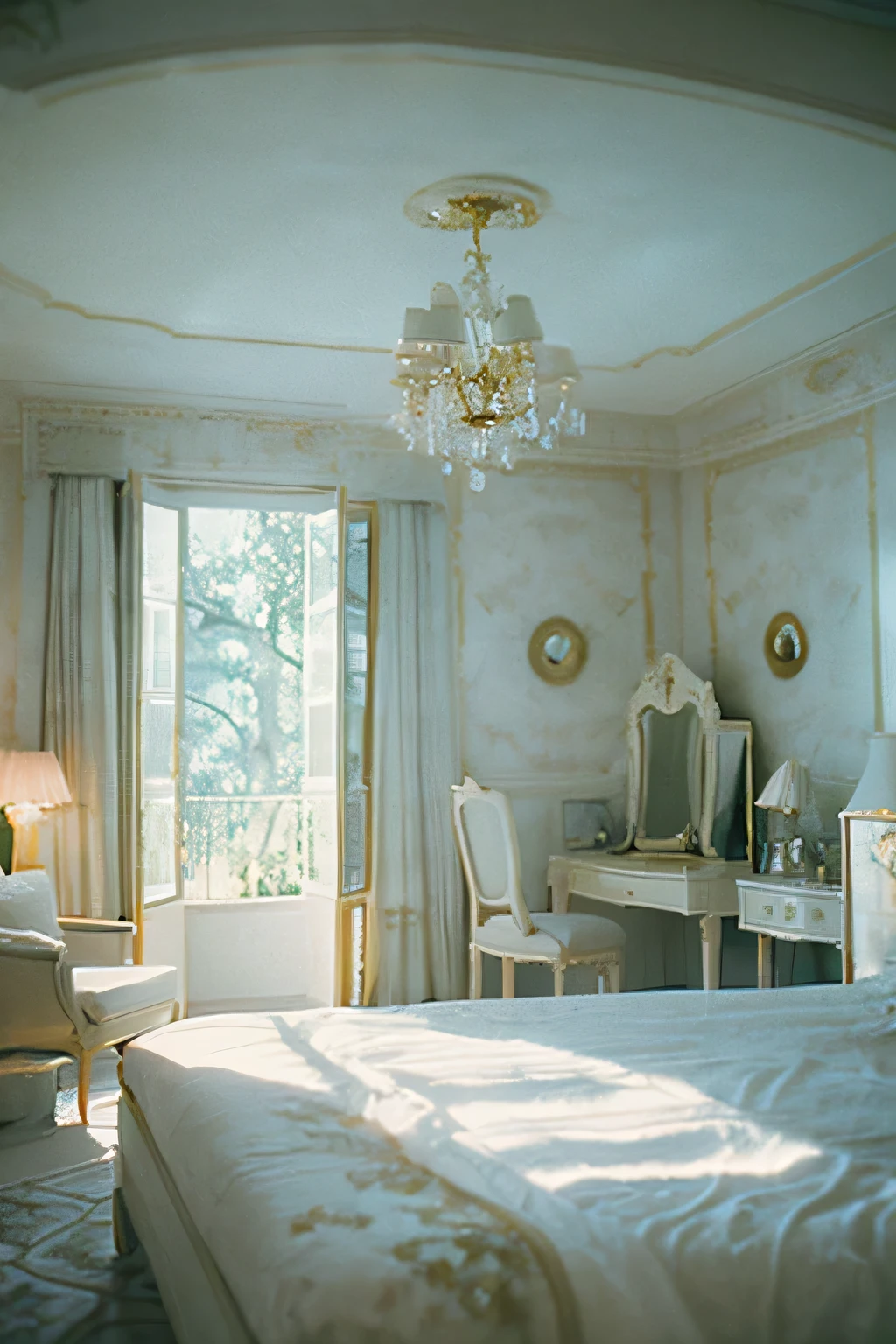 a white dreamy house, bedroom, retro, foggy, soft focus, year of 1995, cool lighting, muted pastel colors, glowing atmosphere, dramatic, cinematic composition, dream-like quality, ethereal, romantic, soft focus photography, golden hour, windy, marble, golden and mirrors, hazy