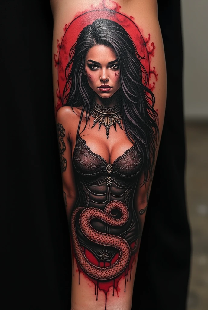 Black and red tattoo of a woman with a snake tail