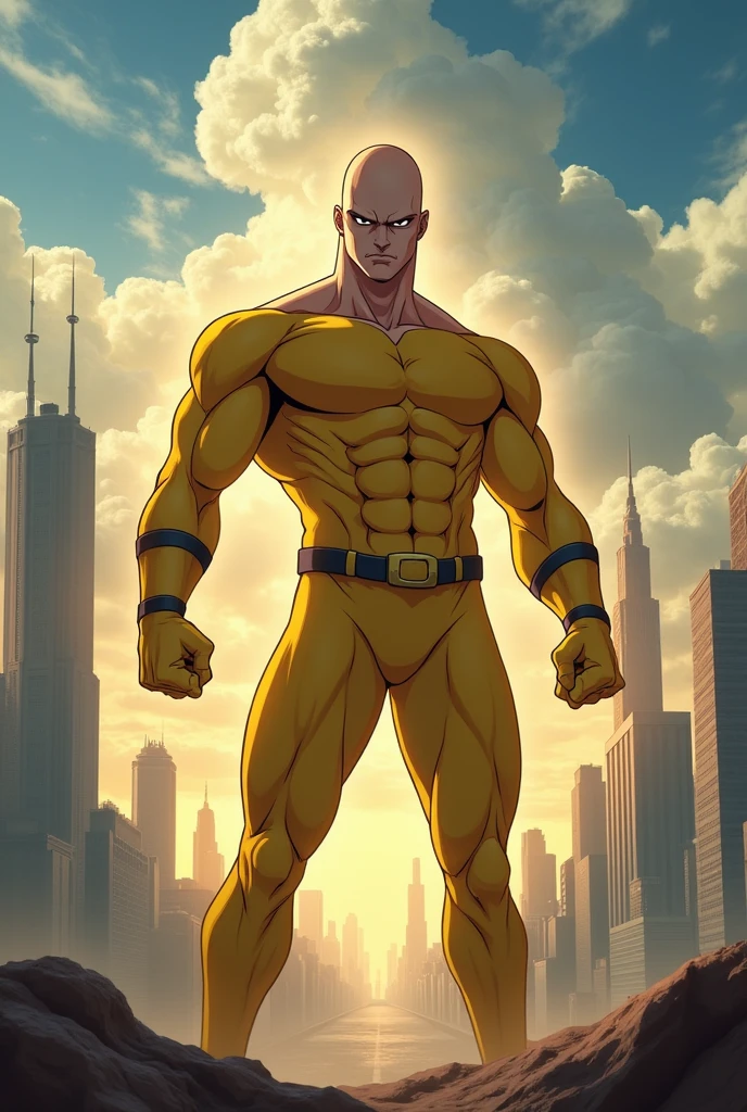 An image of Saitama super I extra mega powerful with his yellow suit