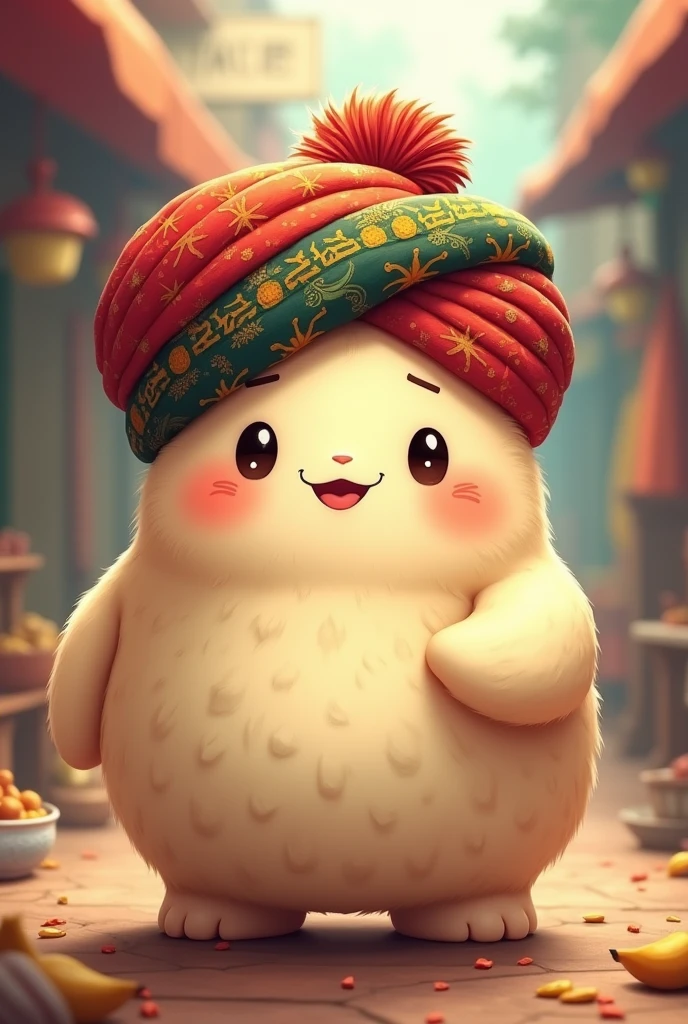 A cute momos with short neck wearing a punjabi turban 
