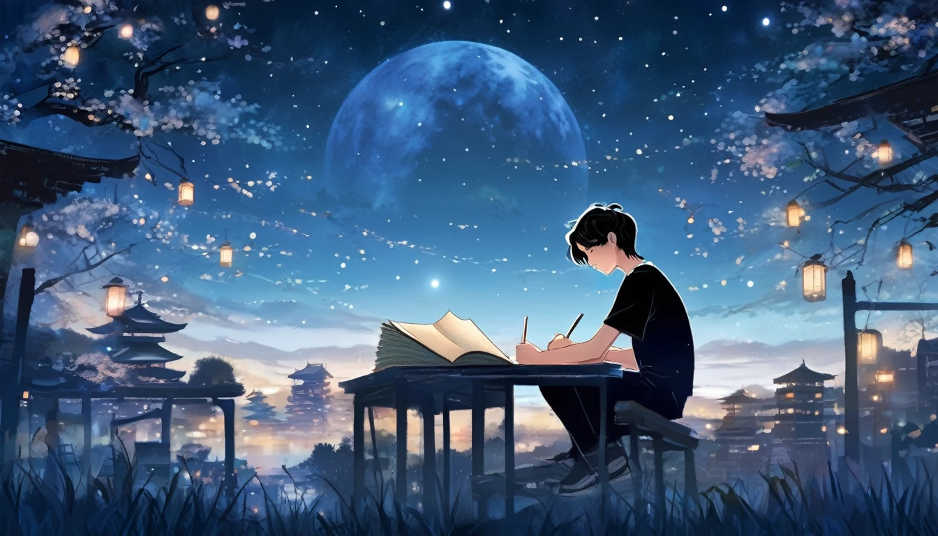 A young Japanese man in a black T-shirt is writing a book under the night sky, Digital Art, Marshall Arisman, Cover illustration, 70mm, 70mm, 70mm, book Cover illustration, Brigette Balager, Album cover, novel Cover art for a book, Book cover art concept, Cover art, 7 feet tall