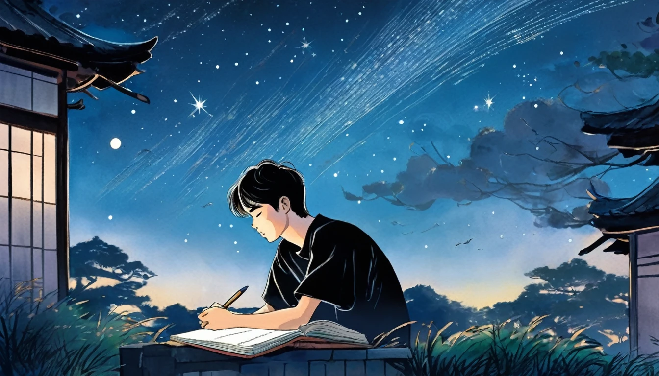 A young Japanese man in a black T-shirt is writing a book under the night sky, Digital Art, Marshall Arisman, Cover illustration, 70mm, 70mm, 70mm, book Cover illustration, Brigette Balager, Album cover, novel Cover art for a book, Book cover art concept, Cover art, 7 feet tall