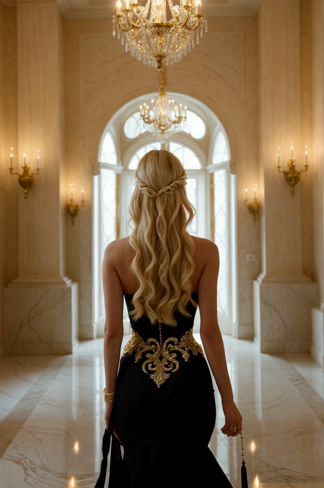 "A stunning, tall woman with long, flowing blonde hair, sunglasses, wearing elegant, black elegant dress that glimmers subtly in the light. She is entering an opulent, high-end restaurant with a grand, warmly lit entrance. The scene is from behind, capturing the elegance of her movement as she approaches the large, ornate doors. The restaurant's modern and luxurious details, like white and gold accents, marble floors, and chandeliers, add to the ambiance, creating a sophisticated and glamorous atmosphere. super real photo, like regular person