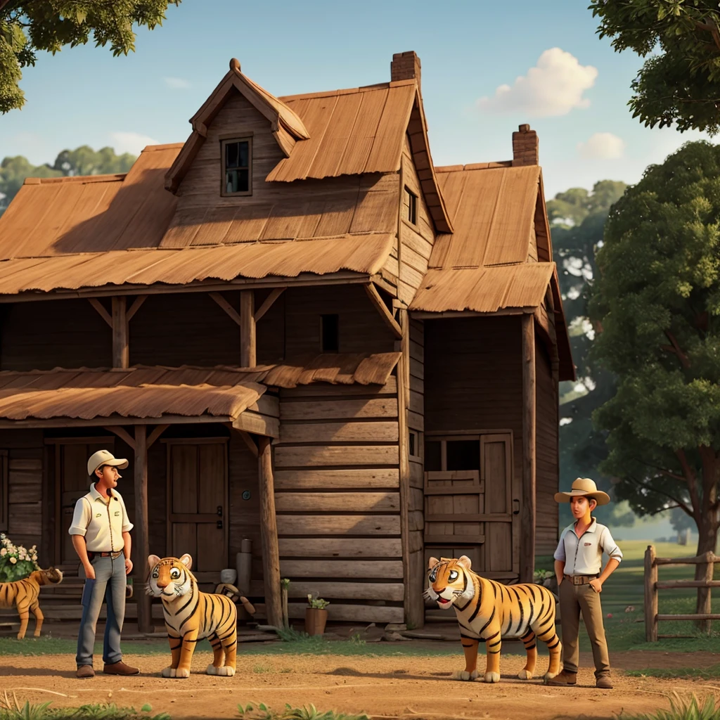 The tiger, now standing outside the farmer's home, speaks to the frightened farmer, expressing his desire to marry the farmer’s daughter. The farmer looks shocked and terrified