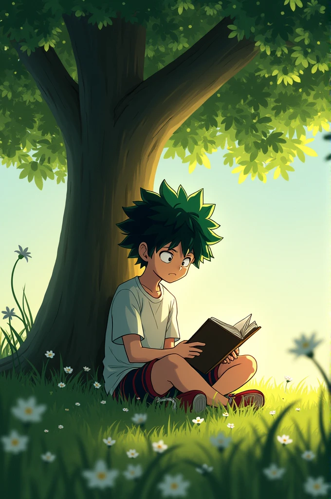 Izuku Midoriya reading under a tree