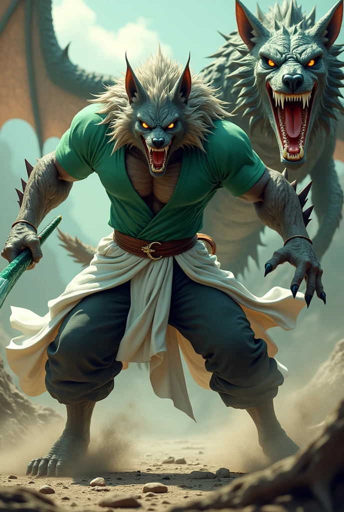 generates a werewolf with a face similar to a Dragon Ball Z-style Himanshu with a green shirt and a white robe with black pants, muscular with a powerful sharp green sword killing a 3D dragon