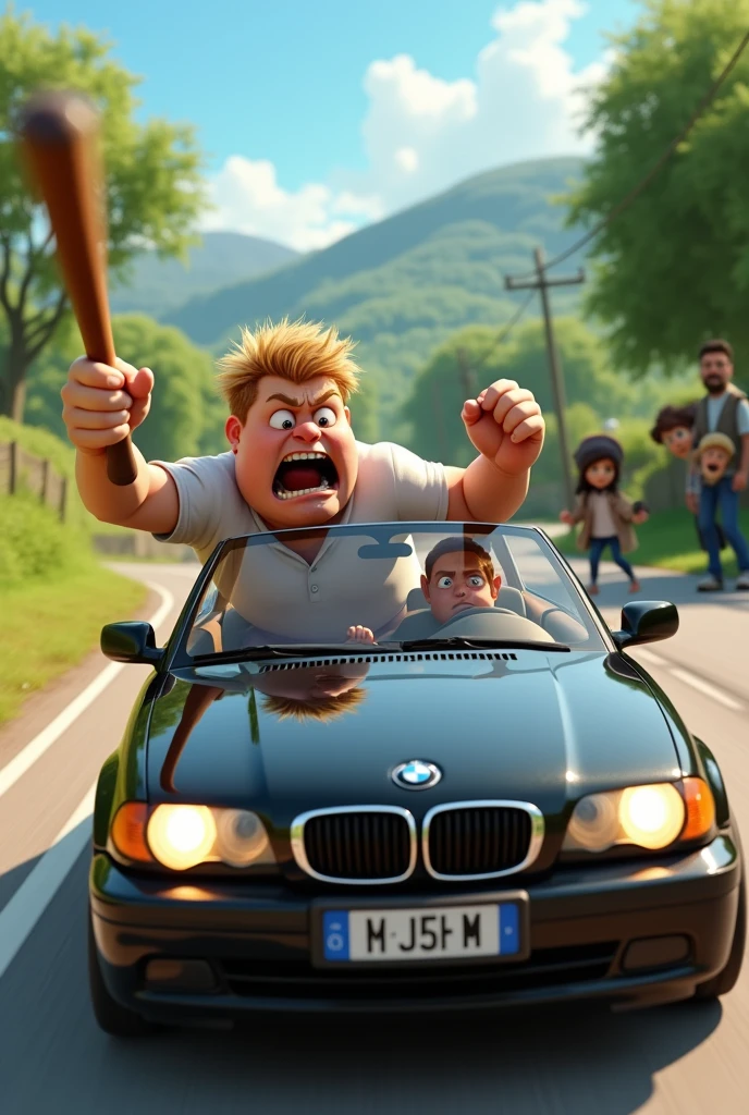 Generate an image: Im Stil von Pixar 3D-Animations-Filmen. An angry young man, slightly overweight with short blonde hair leans out of the side window of a speeding silver BMW E46 Compact on a country road and swings a club. People jump to the side in panic.