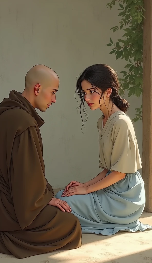 A serene and simple monastery setting with soft natural lighting. The scene shows a young woman, sitting across from a wise-looking monk. The woman has a worried expression, with her hands clasped tightly in her lap, while the monk appears calm and gentle.
The Young Clothes are simple, flowing dress in pastel colors, perhaps light blue or beige. Her Expression are Concerned, eyes downcast, a slight frown on her face.
The Monk's Face bald and clean shaved. He is Calm and serene, with a gentle smile. His Clothes are Traditional monk robes in earthy tones, like brown.