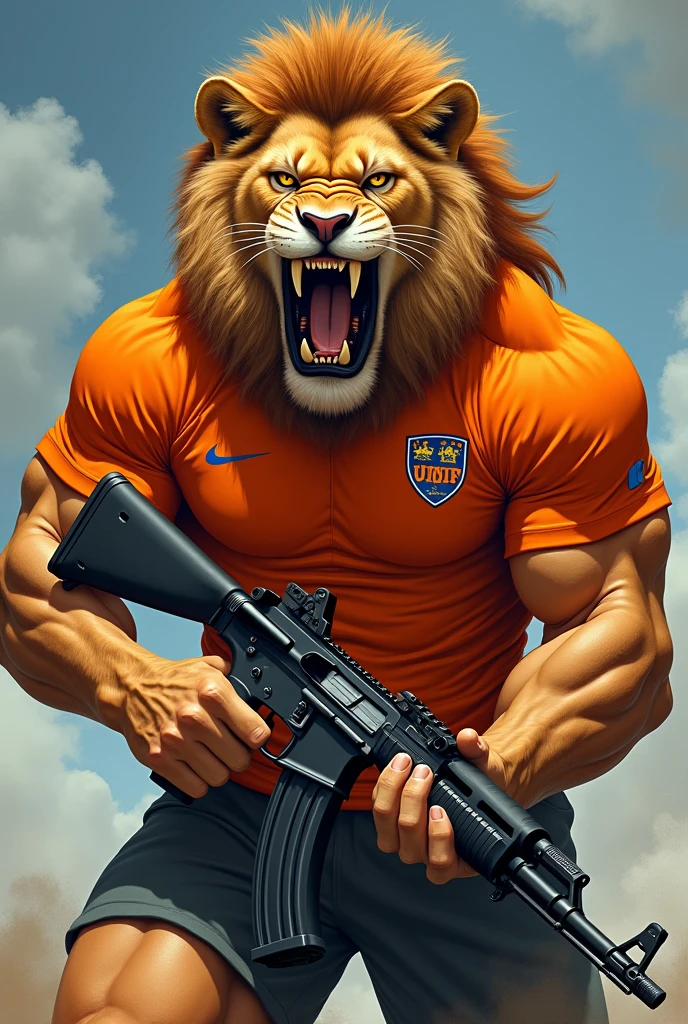 Make me a lion with the Netherlands shirt, very angry and strong. Make him with an AK47 in his hand and with a completely orange shirt. Make him animated and make him angrier. The Netherlands shirt has to be completely orange. Make him with terror and more realistic. Make him more serious and the completely orange Netherlands shirt. Make him stronger, make him with huge breasts. It&#39;s perfect., I just want to change the shirt&#39;s badge, nothing more