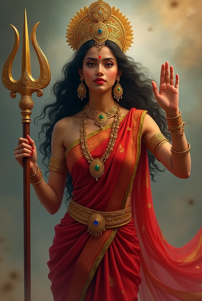 Beautiful Indian girl age 20 year. She is wearing a traditional red saree. She is wearing jewelery along with professional make-up. She has a big earring in her ear. She has a bangle in her hand, and a crown on her head. There are eyes on her forehead. The hair are open. And she is holding a trident in one hand. And she is giving blessings with one hand.