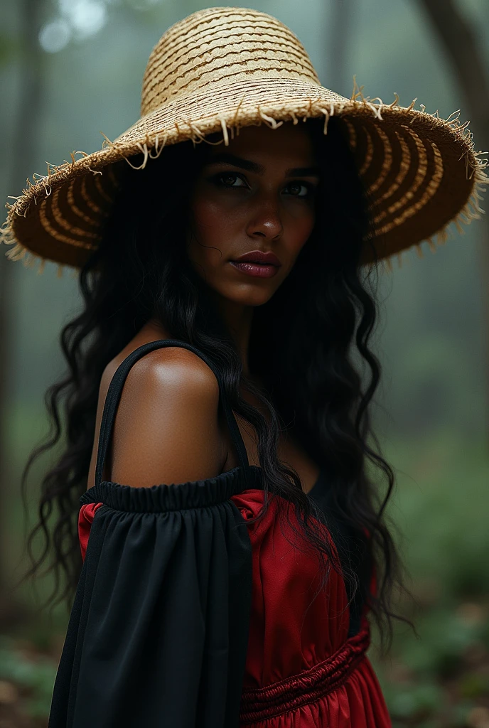 Maria Padilha with Ze Pilintra's hat, straw hat covering face, with a scary little smile and the black and red dress