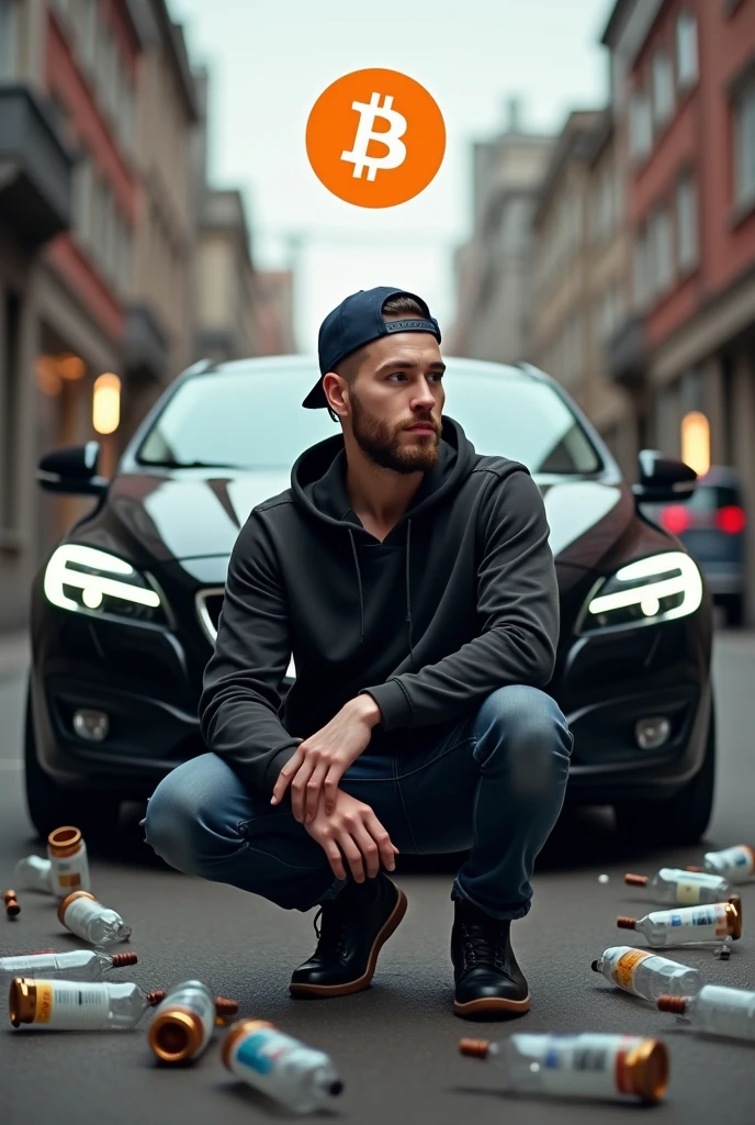 Create a picture of a young man. The man has a short dark beard and short black hair. The man has a cap on, the cap points backwards. The man kneels in the Russian squat in front of a Volvo V40 car. The car Volvo V 40 is black. Next to the man are many empty plastic bottles. A botcoin hovers above the vehicle. The man looks forward. 