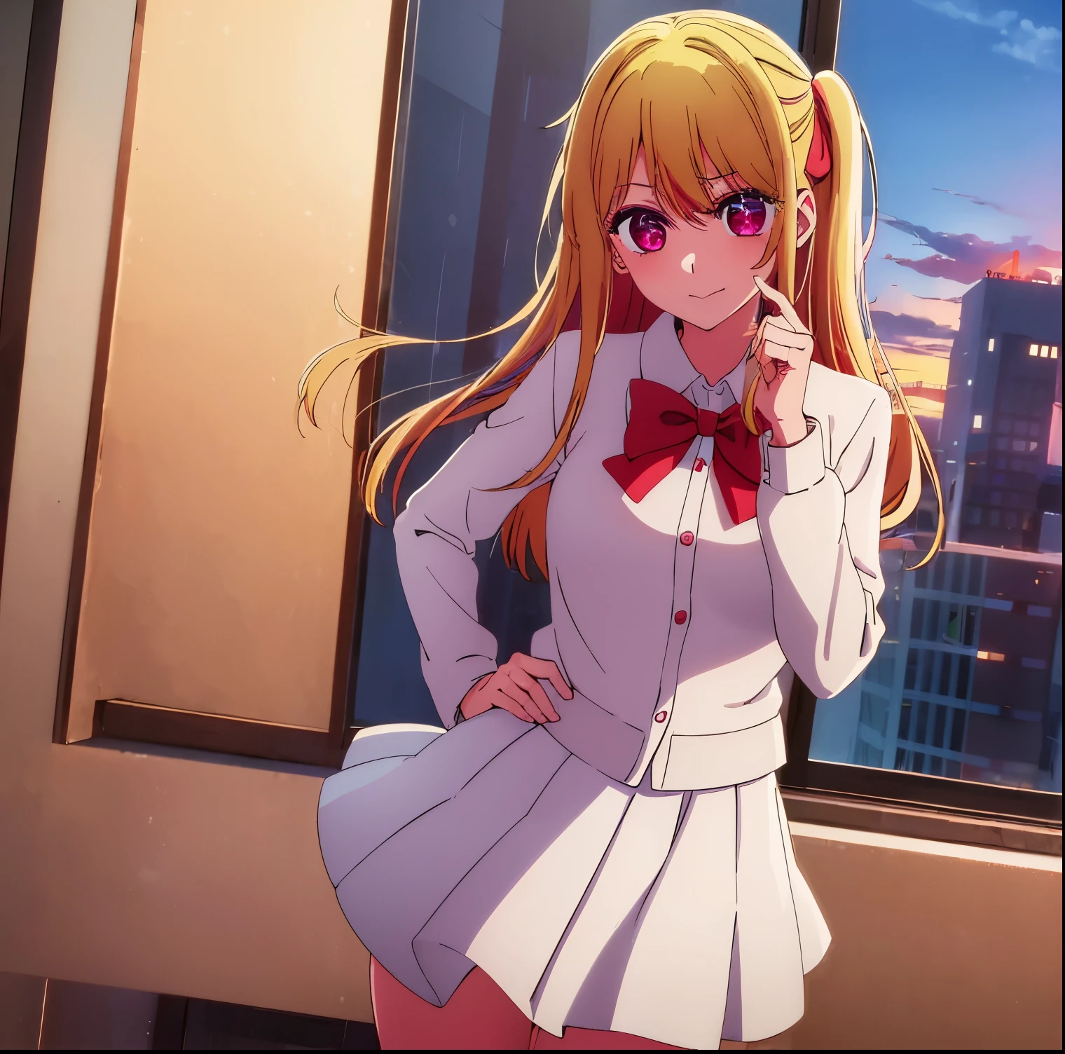 ((1girl)),((alone)),Ruby Hoshino, (oshi no ko),(masterpiece), (best quality), (ultra detailed), (best illustration), (best shadow), (absurdities), sharp focus, cowboy shot, atmospheric perspective, depth of field, dynamic posture looking at viewer, medium breasts, narrow waist, wide hips, wide thighs, round butt, erotic, romantic, (very detailed eyes, 1.1 lips), very detailed, eyes, Very detailed face, Very beautiful face, Symmetrical face, Aesthetic face, perfect face, perfect eyes, detailed eyelashes: 1.5), full height, beautiful slim figure, femininity, expressive appearance, elastic medium breasts, sexuality, half-open lips ,long hair, blonde hair, dark pink eyes, (red iris: 1.1), (star-shaped left pupil: 1.5), symbol-shaped pupil, shirt, bow, one side up, long sleeves, open jacket, white shirt, school uniform, bow tie, collared shirt, blue jacket, red bow, gray skirt, short skirt, tight skirt, , hand on hip, curves, defined body, Perfect and beautiful body, perfect and beautiful, closed mouth, flirtatious expression, smile, blushing, (sexy pose: 1.2), ((solo)), standing: 1.3, ((inside , Japanese school, desks, desk, window, sunset,)), looking forward, ((focus on breasts)), point of view: (from the middle), perfect anatomy, perfect hands