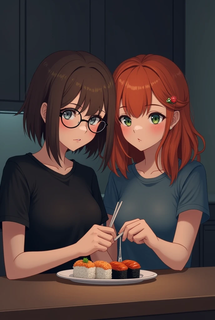 2 girl, friends, emo/scene atrstyle. The first girl with brown hair slightly longer than shoulder length, a little messy and not straggly, the main length lies on the shoulders and a slanting fringe covering the left eye, gray-blue eyes and a black T-shirt, with round glasses, a little shorter, more cheerful. The second girl is reddish-orange hair slightly longer than shoulder length, about the same hairstyle as the first girl only more neat and slightly round, quite lush hair and with curtain bangs, dark green eyes, gray-blue T-shirt, slightly taller, more calm.
girls sitting in a dark kitchen eating sushi