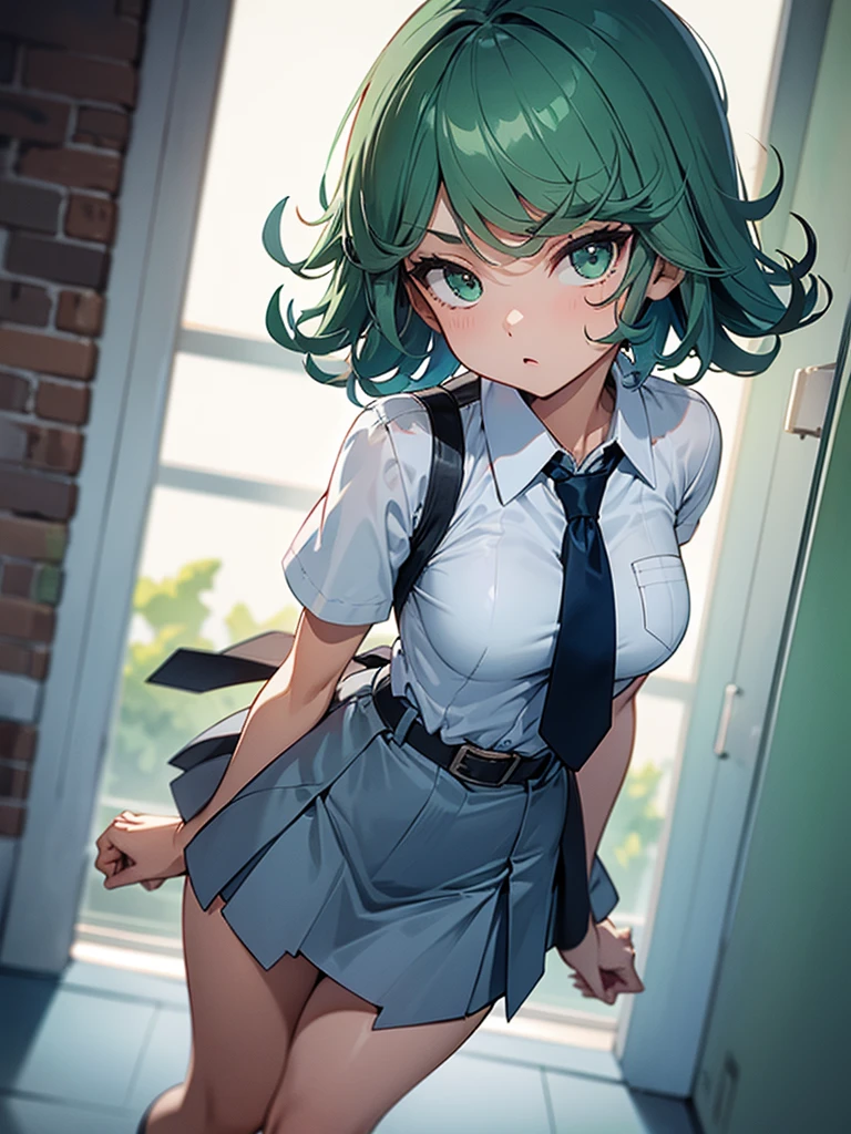 (high res, 8K, masterpiece, looking at viewer, best quality, very aesthetic, ultra detailed, ultra background, ultra Eyes) intricate details, 1girl, Tatsumaki, short sleeved white shirt, Light Blue Gray short skirt, Pockets on the left chest, Blue Gray tie, Wearing a belt, green short hair, green eyes, Normal Face, Background School Hallway, Cinematic Angle