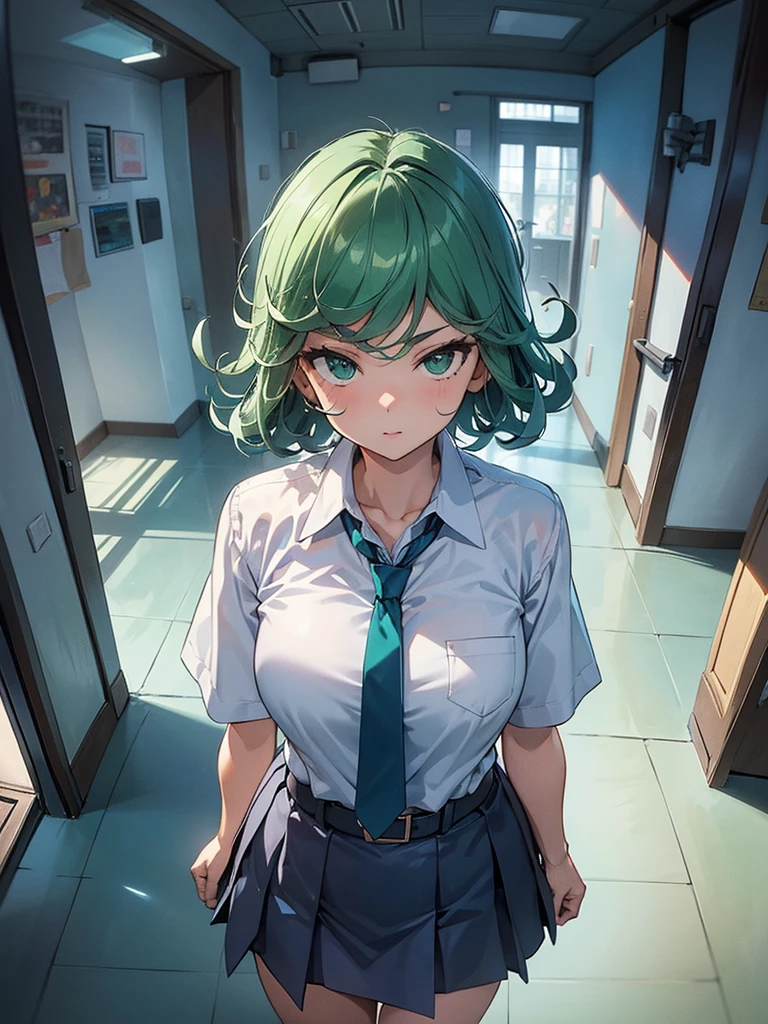 (high res, 8K, masterpiece, looking at viewer, best quality, very aesthetic, ultra detailed, ultra background, ultra Eyes) intricate details, 1girl, Tatsumaki, short sleeved white shirt, Light Blue Gray short skirt, Pockets on the left chest, Blue Gray tie, Wearing a belt, green short hair, green eyes, Normal Face, Background School Hallway, Cinematic Angle
