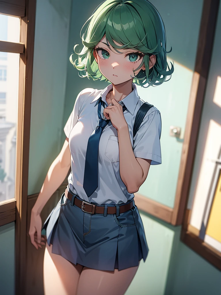 (high res, 8K, masterpiece, looking at viewer, best quality, very aesthetic, ultra detailed, ultra background, ultra Eyes) intricate details, 1girl, Tatsumaki, short sleeved white shirt, Light Blue Gray short skirt, Pockets on the left chest, Blue Gray tie, Wearing a belt, green short hair, green eyes, Normal Face, Background School Hallway, Cinematic Angle