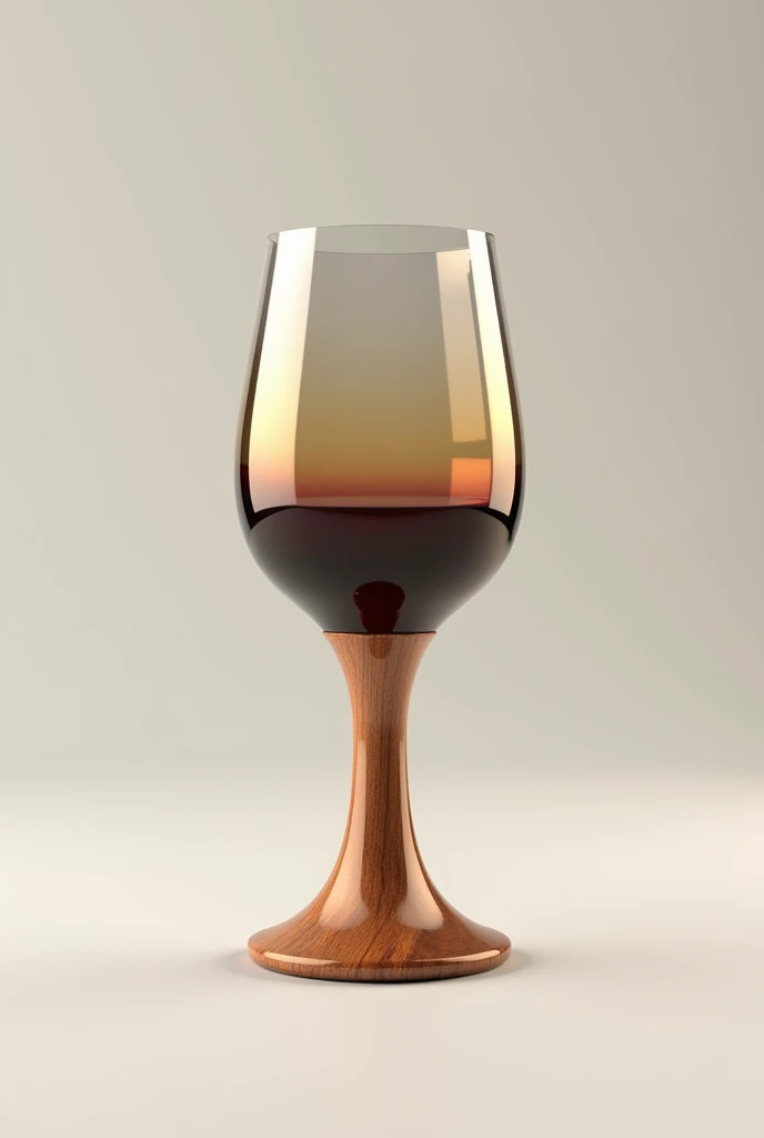 Create an image of epoxy fortius wine glass with 2 different colors on the glass texture and the holding part should be of wood