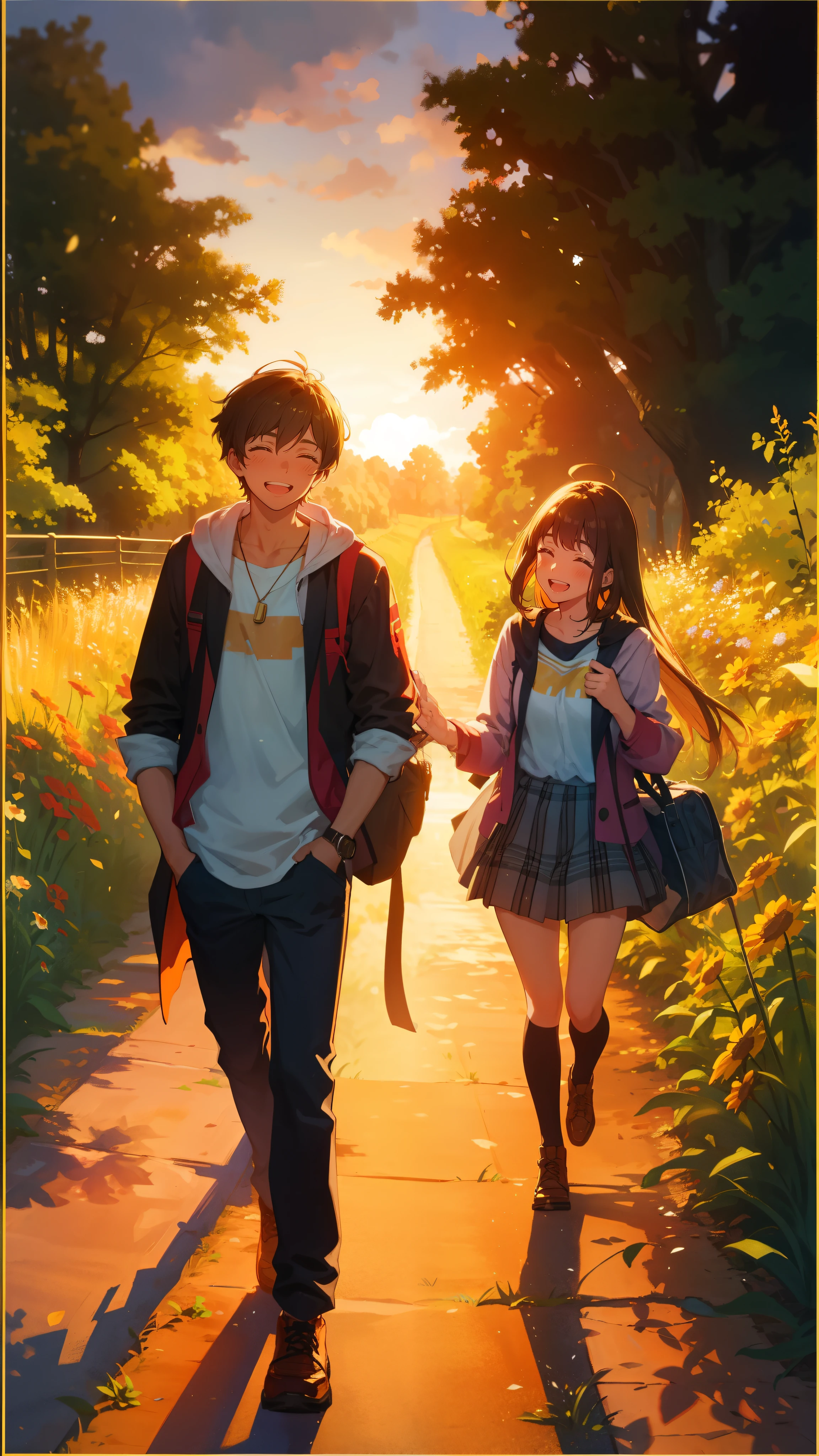 Two teenagers laughing as they walk along a narrow path lined with wildflowers, wood々Golden sunlight filtering through the gaps. English countryside, Daylight Saving Time, Vibrant colors, Idyllic.