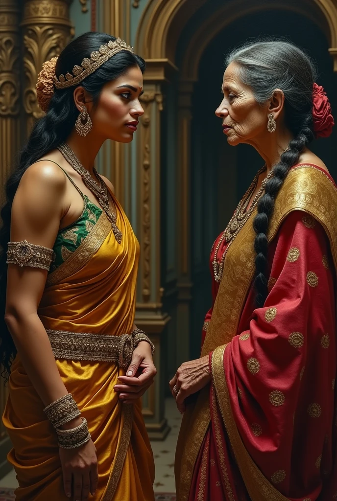 Image of beautiful, young, powerful, rich indian queen, talking to her very old in age And poor wicked maid.