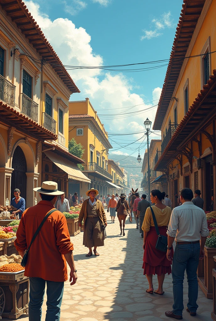 
ILLUSTRATION OF THE STREETS OF COLONIAL MONTEVIDEO WHERE THE STREET VENDORS OF THE TIME CAN BE IDENTIFIED 