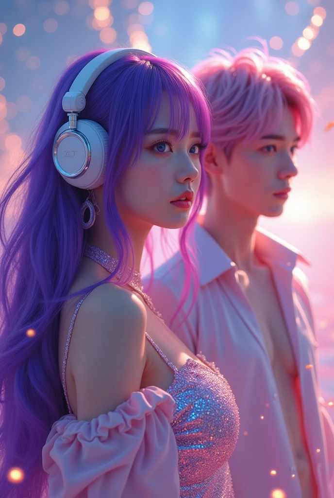 Korean purple hair butterfly woman with headphone and shiny shiny dress perfect full body and pink hair young white man with cute outfit too 