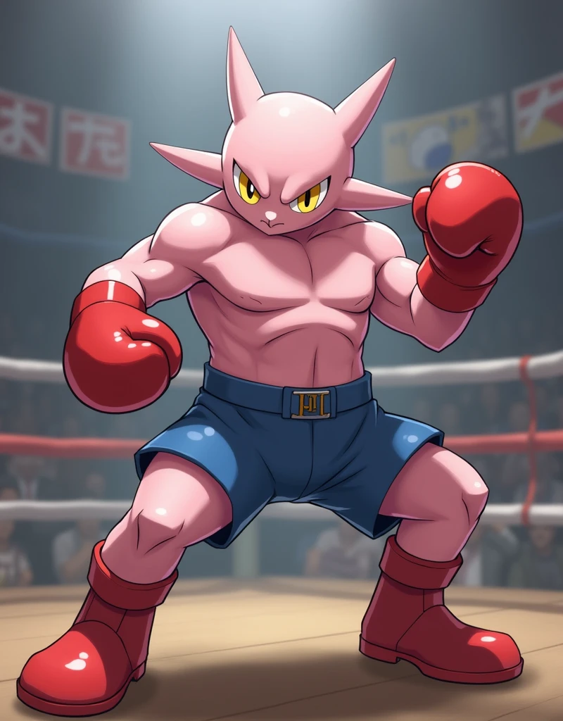 "A humanoid Pokémon with light pink skin, wearing red boxing gloves, blue short pants and red shoes. He has a muscular and well-defined body, with small eyes and a determined expression. (((Hitmonchan))) is in a fighting posture, with his fists raised and ready to attack. The background can be a boxing ring or a training gym environment."