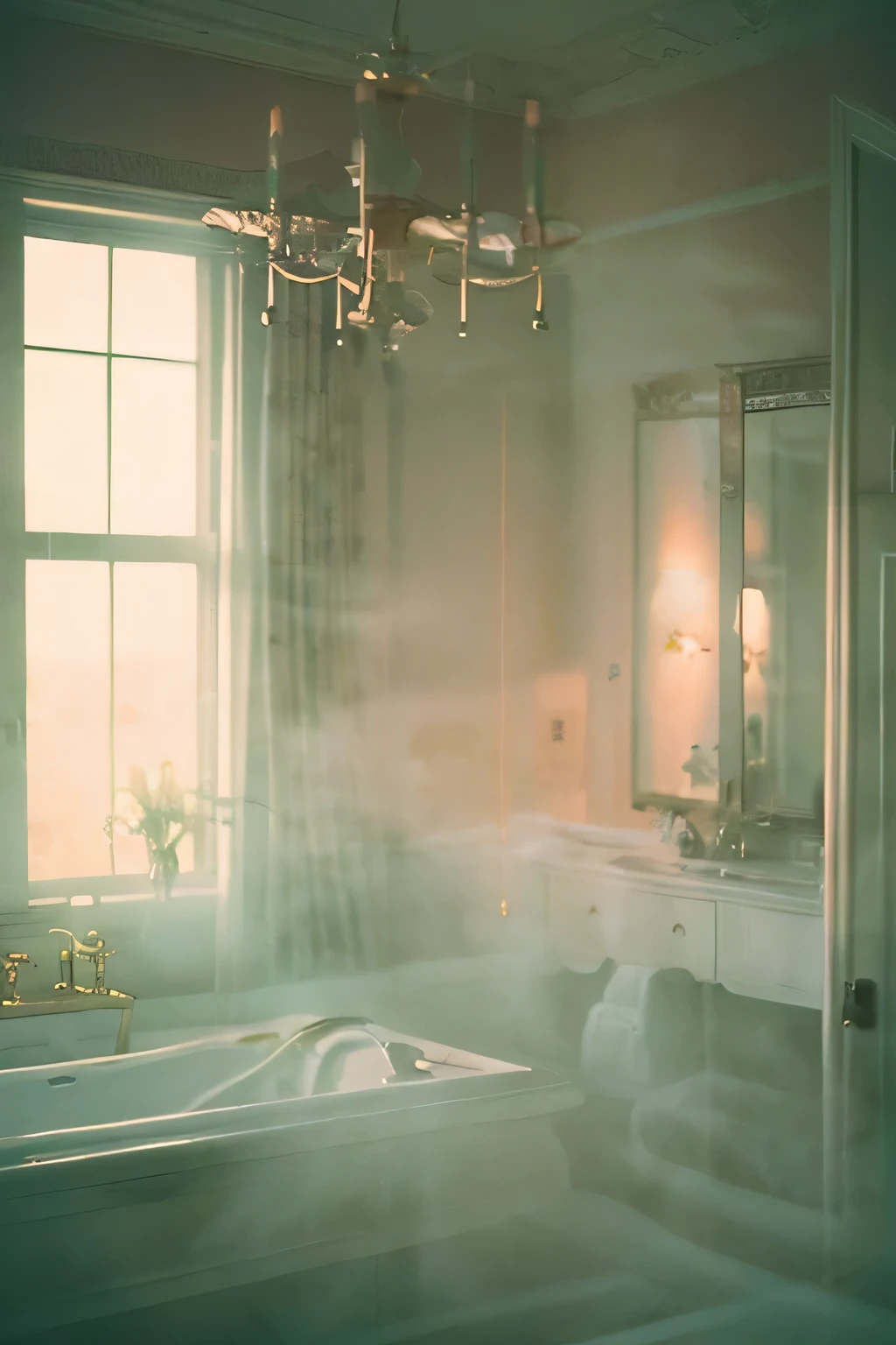 a white dreamy house, bathroom, retro, foggy, soft focus, year of 1995, cool lighting, muted pastel colors, glowing atmosphere, dramatic, cinematic composition, dream-like quality, ethereal, romantic, soft focus photography, golden hour, windy, marble, golden and mirrors, hazy