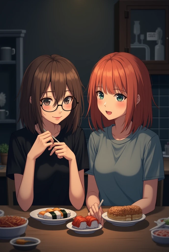 2 girl, friends, emo/scene atrstyle. The first girl with brown hair slightly longer than shoulder length, a little messy and not straggly, the main length lies on the shoulders and a slanting fringe covering the left eye, gray-blue eyes and a black T-shirt, with round glasses, a little shorter, more cheerful. The second girl is reddish-orange hair slightly longer than shoulder length, about the same hairstyle as the first girl only more neat and slightly round, quite lush hair and with curtain bangs, dark green eyes, gray-blue T-shirt, slightly taller, more calm.
girls sitting in a dark kitchen eating sushi