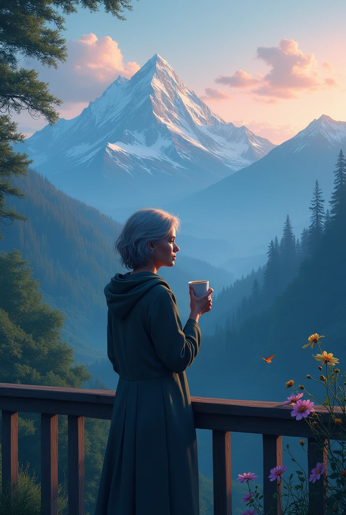 A lonely lady in late evening, viewing the beautiful scenario of mountains and greenery nature's beauty and cute creatures from the balcony with a cup of coffee in her hand
